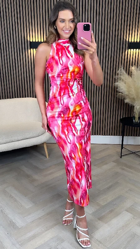 Must Haves Celeste Fuchsia Printed Halterneck Midi Dress