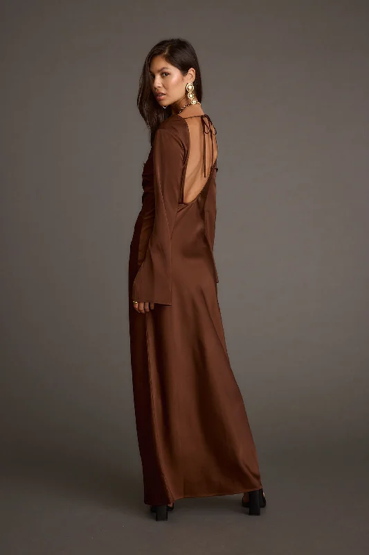 Women's Seasonal Wardrobe Clothing Strokes Mocha Long Sleeve Plunge Satin Maxi Dress