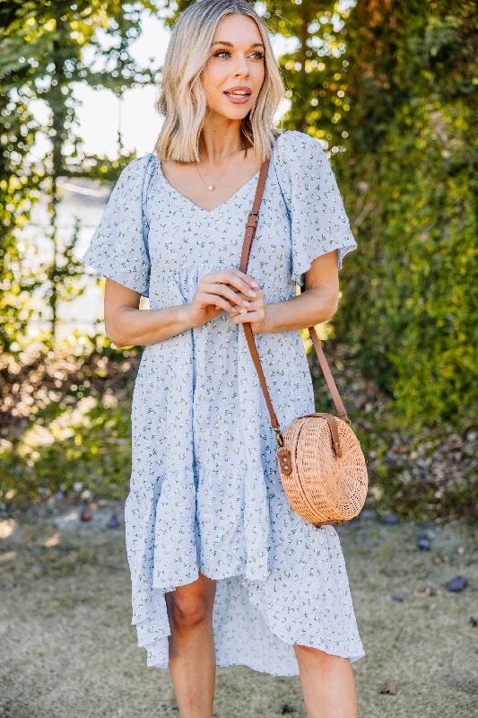 Vintage Style Deals Friendly Reminder Sky Blue Ditsy Floral Midi Dress