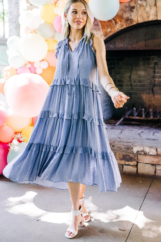 Casual Outfit For Women Pursue Perfection Chambray Blue Ruffled Midi Dress