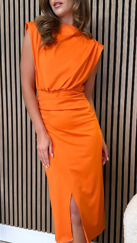 Huge Discounts This Week Doreen Orange High Neck Wrap Style Midi Dress