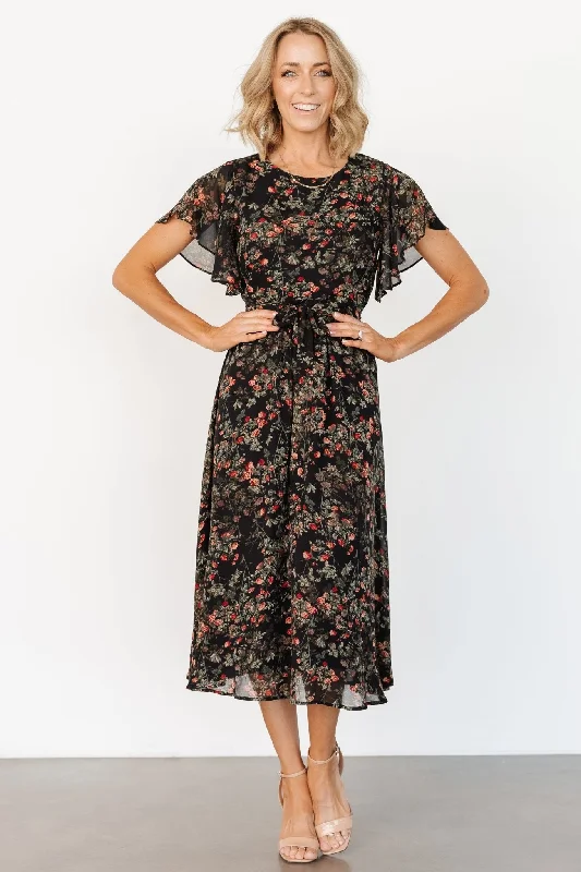 Affordable Women's Clothing Laurel Midi Dress | Black + Red Floral