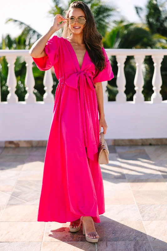 Affordable Women's Clothing Keep It Up Fuchsia Pink Puff Sleeve Maxi Dress