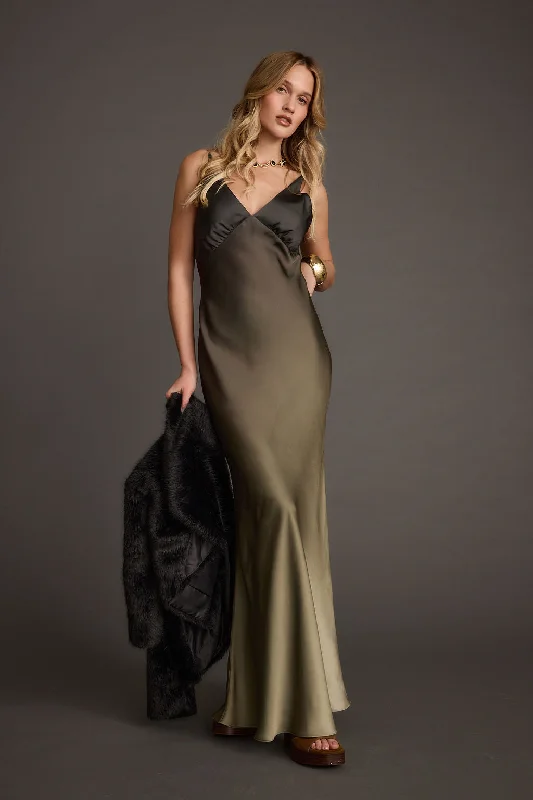 Women's Apparel And Garments Mirabella Olive Satin Ombre Maxi Dress