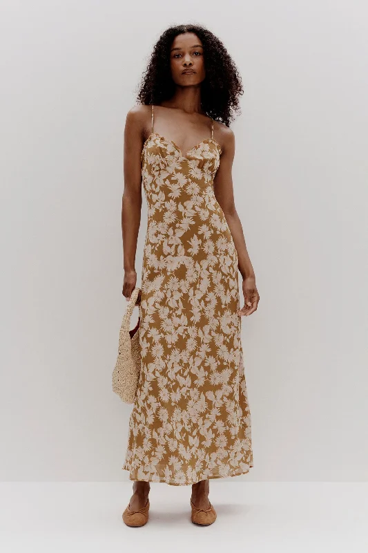 Vintage-Inspired Women's Apparel Carmen Golden Daisy Strappy Maxi Dress