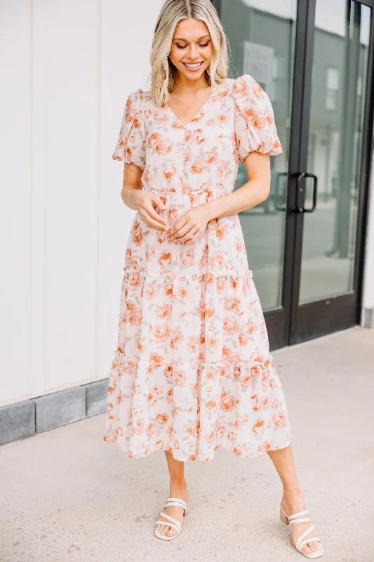 Modern Fashion Sale Feeling Present Dusty Orange Floral Midi Dress