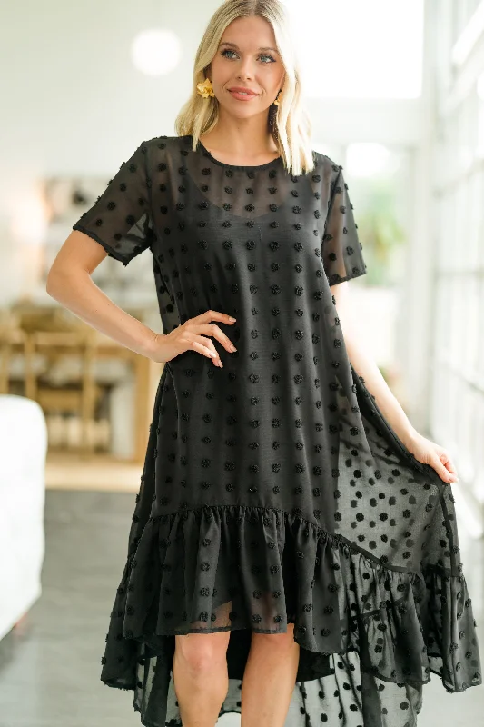 Women's Athleisure Apparel Hear The News Black Swiss Dot Midi Dress