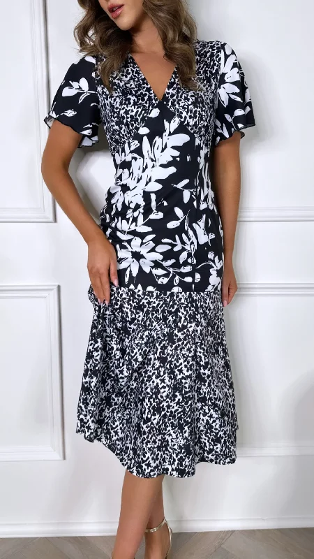 Women's Stylish Outdoor Outfit Frieda Black and White Floral Tiered Midi Dress