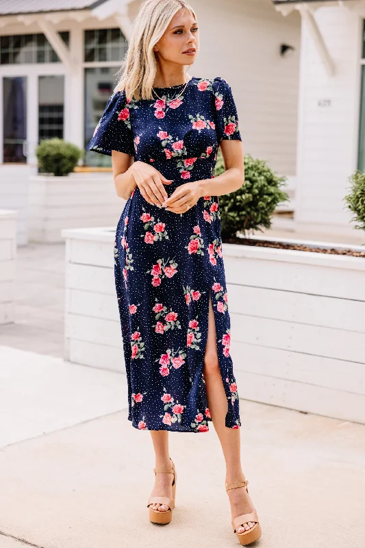 Athleisure Style Sale Here We Go Navy Blue Mixed Print Midi Dress