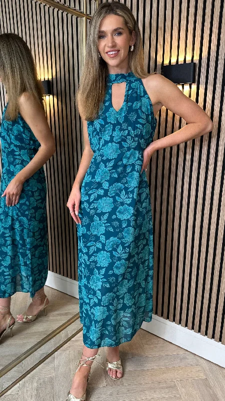 Women's Trendy Clothes Rosalie Teal Printed Halterneck Tie Detail Midi Dress