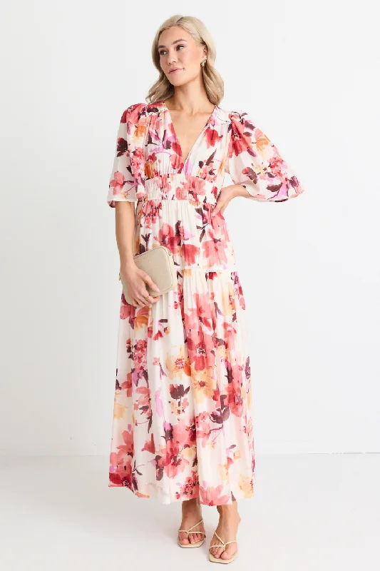 Women's Trendy Clothes Fluent Vintage Blush Floral Flutter Sleeve Tiered Maxi Dress