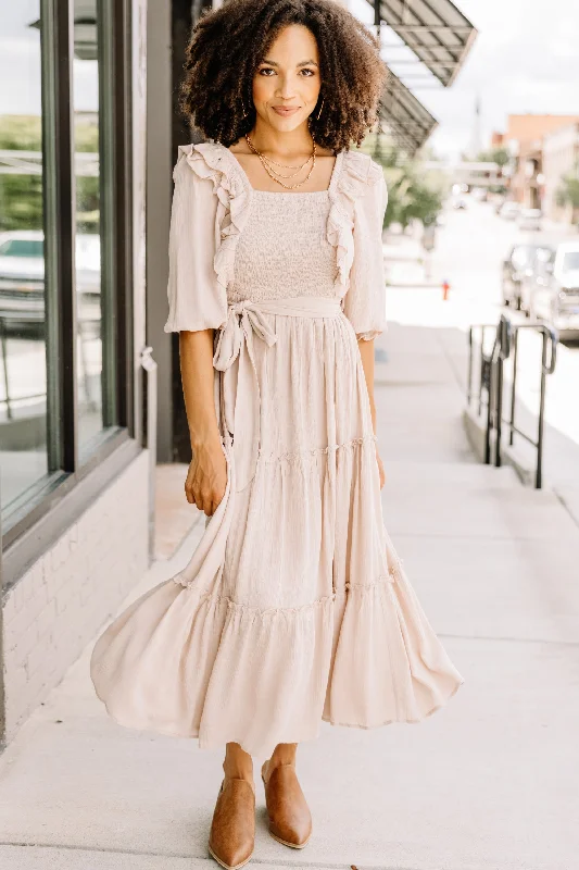 Elegant Fashion Offers Feel Your Love Sand Brown Ruffled Midi Dress