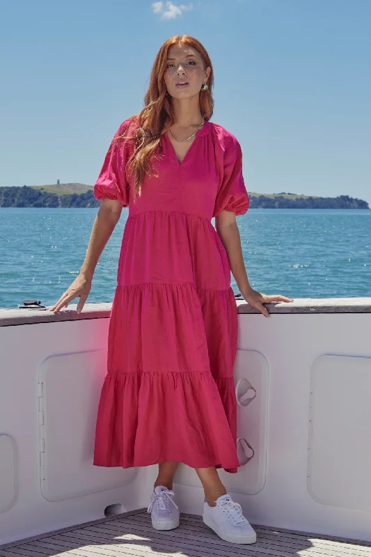 Sustainable Women's Clothes Santorini Raspberry Linen Puff Ss V-Neck Tiered Maxi Dress