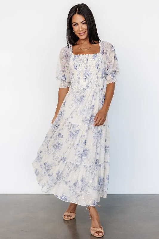 Women's Everyday Apparel Fabian Jacquard Midi Dress | Cream + Blue Floral