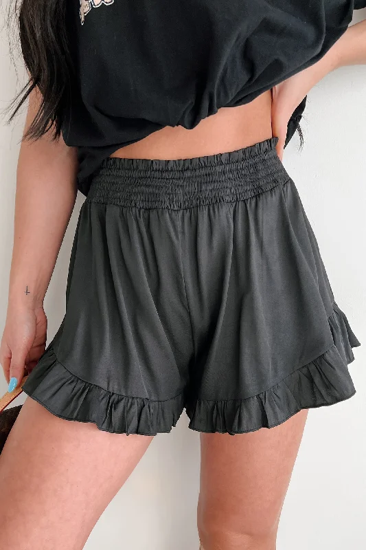 Affordable Women's Clothing Silk & Spice Ruffle Hem High Rise Shorts (Black)