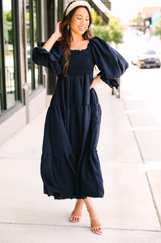 Summer Deals Make An Entrance Navy Blue Tiered Midi Dress