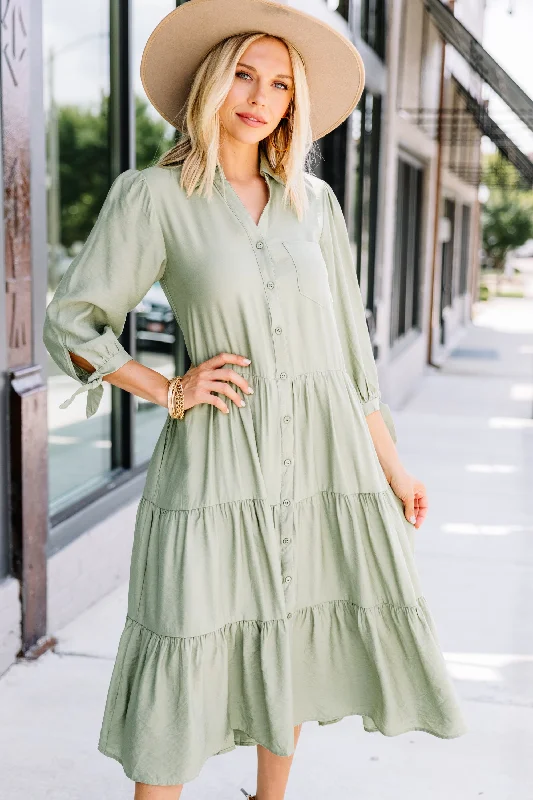 New In This Season Leading Back To You Sage Green Tiered Midi Dress