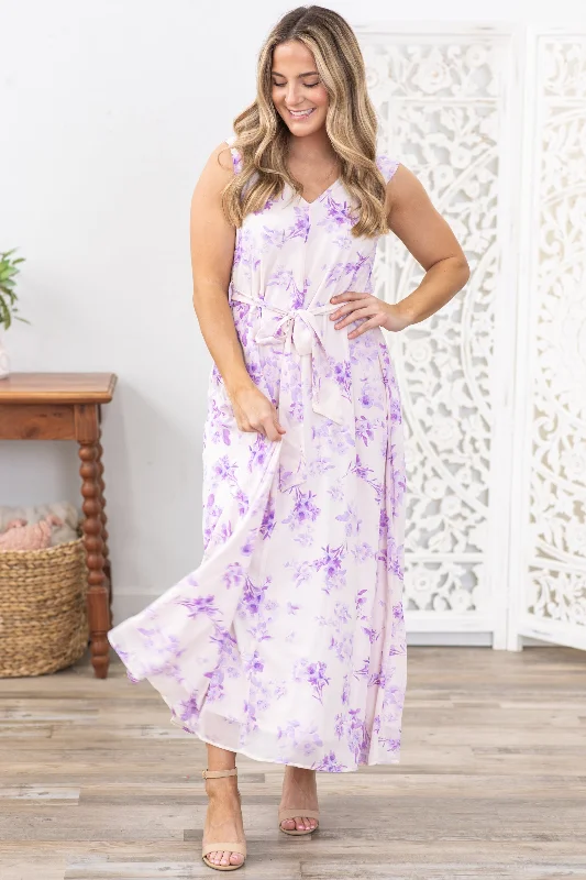 Women's Trendy Garments Lavender V-Neck Self Tie Floral Maxi Dress