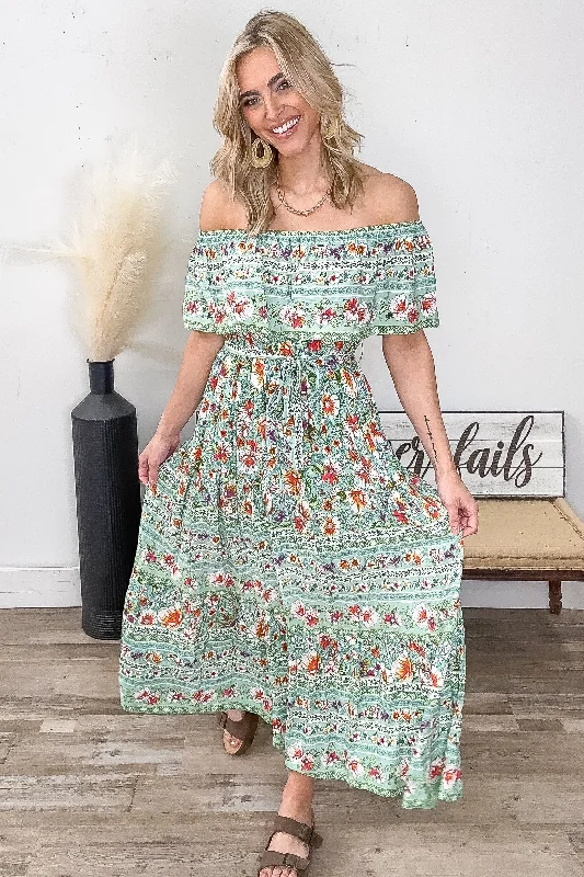 Women's High-Fashion Attire Mint Boho Off The Shoulder Maxi Dress