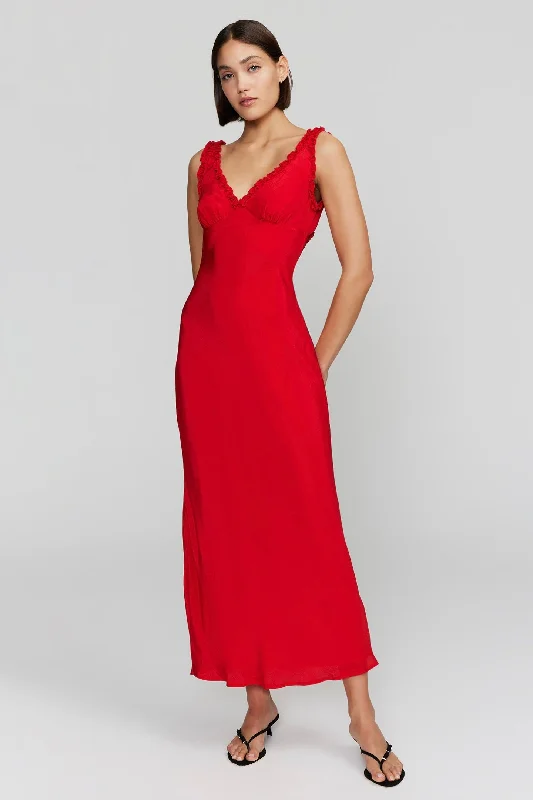 Women's High-Fashion Outfit Bella Cherry Red Ruffle Maxi Dress