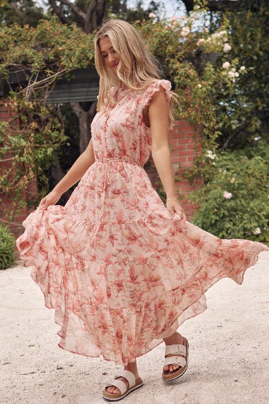 Flash Sale, Don'T Miss Infatuation Peach Paradise Floral Flutter Sleeve Tiered Maxi Dress