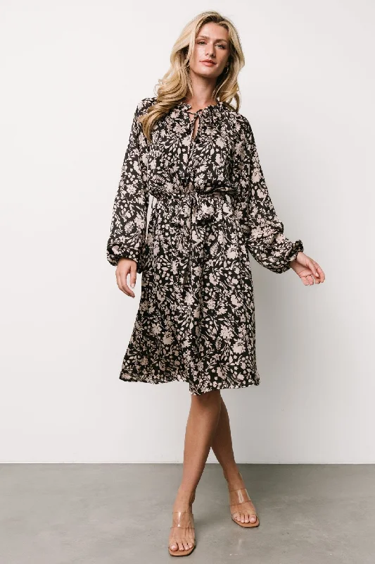 Classic Elegance Sales Deena Satin Dress | Black + Taupe Floral