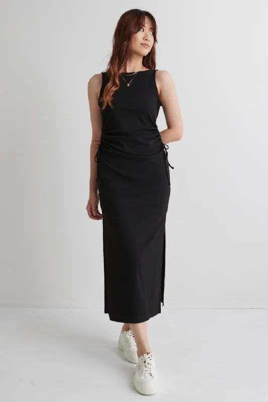 Women's High-Fashion Attire Night Out Black Rib Rouched Sleeveless Maxi Dress