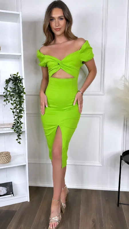 Women's Elegant Outfit Marceline Green Bow Detail Cut Out Midi Dress