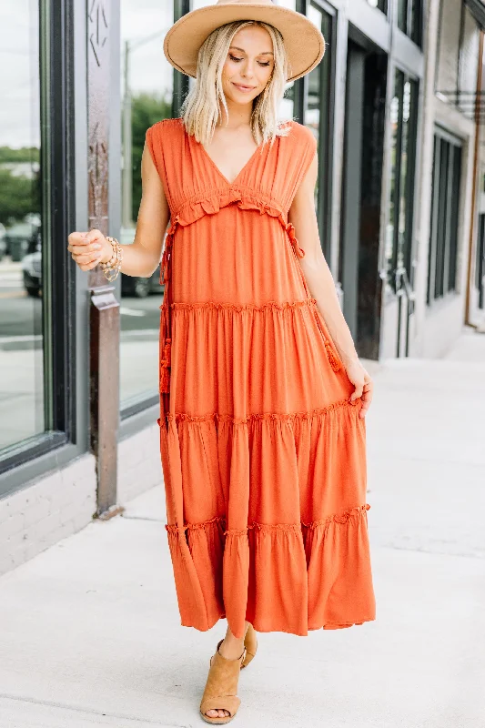 Style Revolution Feeling Hopeful Rust Orange Ruffled Maxi Dress