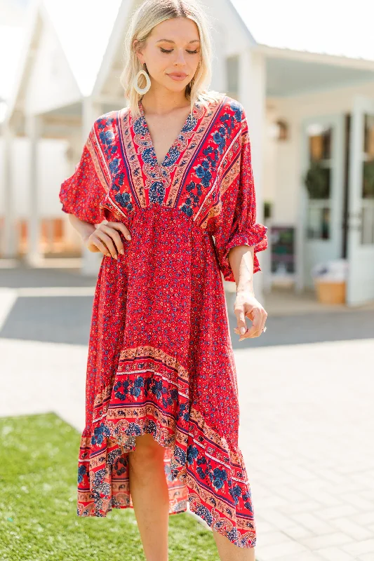 Women's Comfortable Garments Boho Summer Red Floral Midi Dress