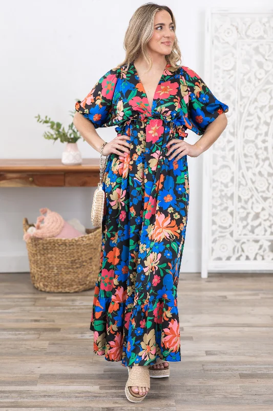 Women's Comfortable Garments Black Floral Print V-Neck Maxi Dress