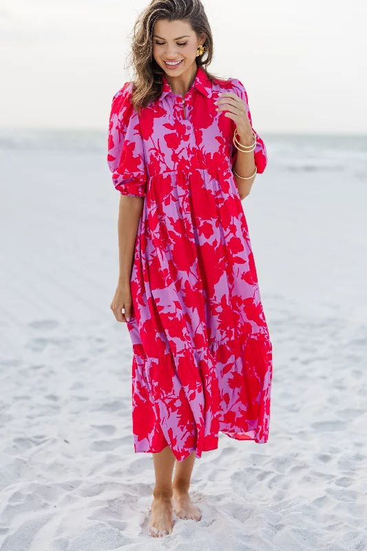 Women's Stylish Professional Apparel Here For A Good Time Red Floral Midi Dress