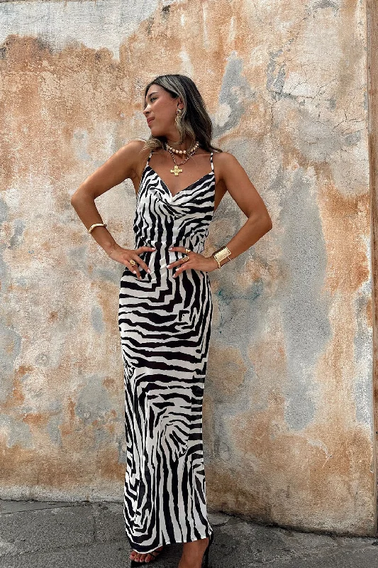 Affordable Trendy Fashion Gianna Zebra Cowl Neck Chiffon Maxi Dress