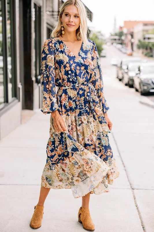 Women's Luxury Apparel It Could Be Navy Blue Floral Midi Dress