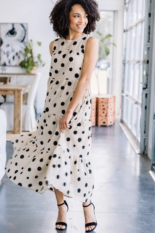 Casual Clothes For Women Just A Dream Khaki Brown Polka Dot Midi Dress