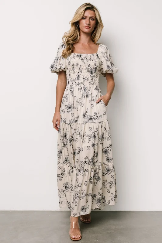 Chic & Modern Sales Susanna Smocked Maxi Dress | Ivory + Blue Floral