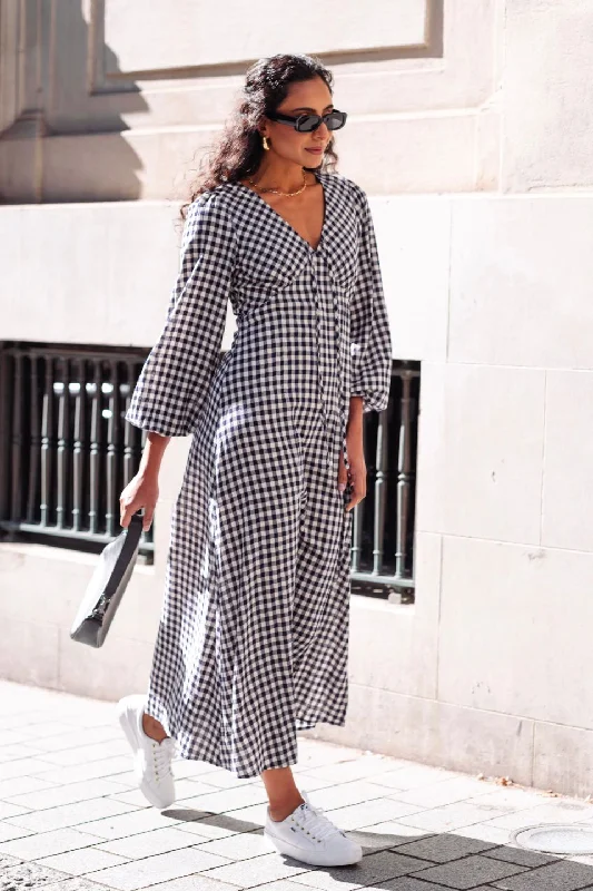 Limited Stock, Big Discounts Elixir Navy Gingham LS Tie Front Maxi Dress