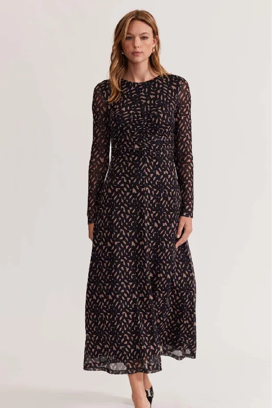 Discover Now Zadie Camel Black Geo Mesh LS Maxi Dress