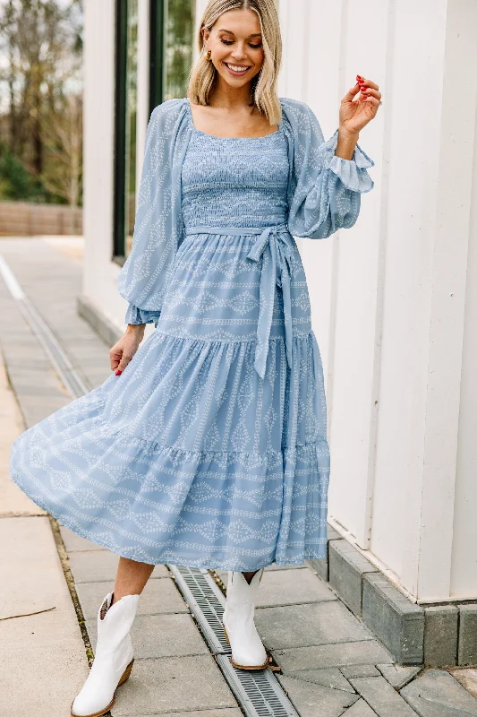 Women's Clothing Outfit Set Seasons Change Blue Striped Midi Dress