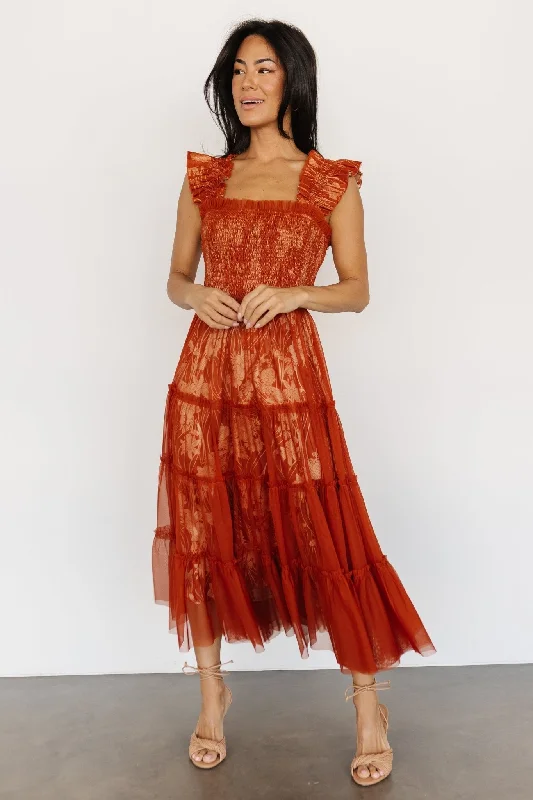 Women's Elegant Garments Cora Smocked Tulle Dress | Rust Floral