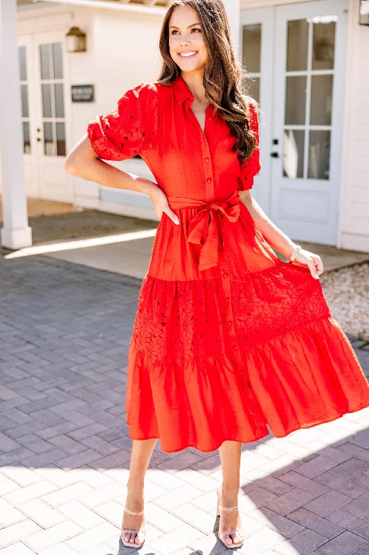 Women's Attire The Little Things Red Eyelet Midi Dress