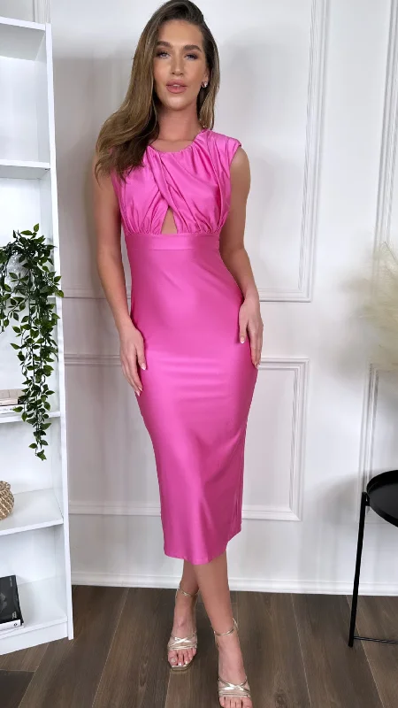 Women's Formal Event Outfit Starla Pink Ruched Cut Out Midi Dress